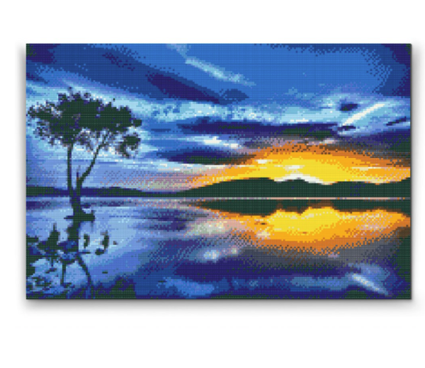 Solnedgang og mørkt træ - Premium - Firkantede sten - 120 x 80 cm - Lærred, sten, pen, bakke, gele, poser til stenene - Opspændt på ramme