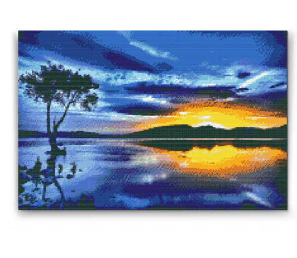 Solnedgang og mørkt træ - Premium - Runde sten - 120 x 80 cm - Lærred, sten, pen, bakke, gele, poser til stenene - Opspændt på ramme