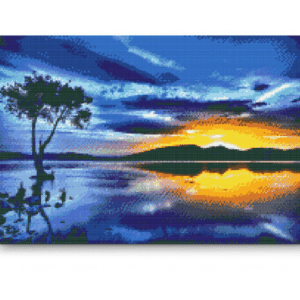 Solnedgang og mørkt træ - Premium - Runde sten - 120 x 80 cm - Lærred, sten, pen, bakke, gele, poser til stenene - Uden ramme